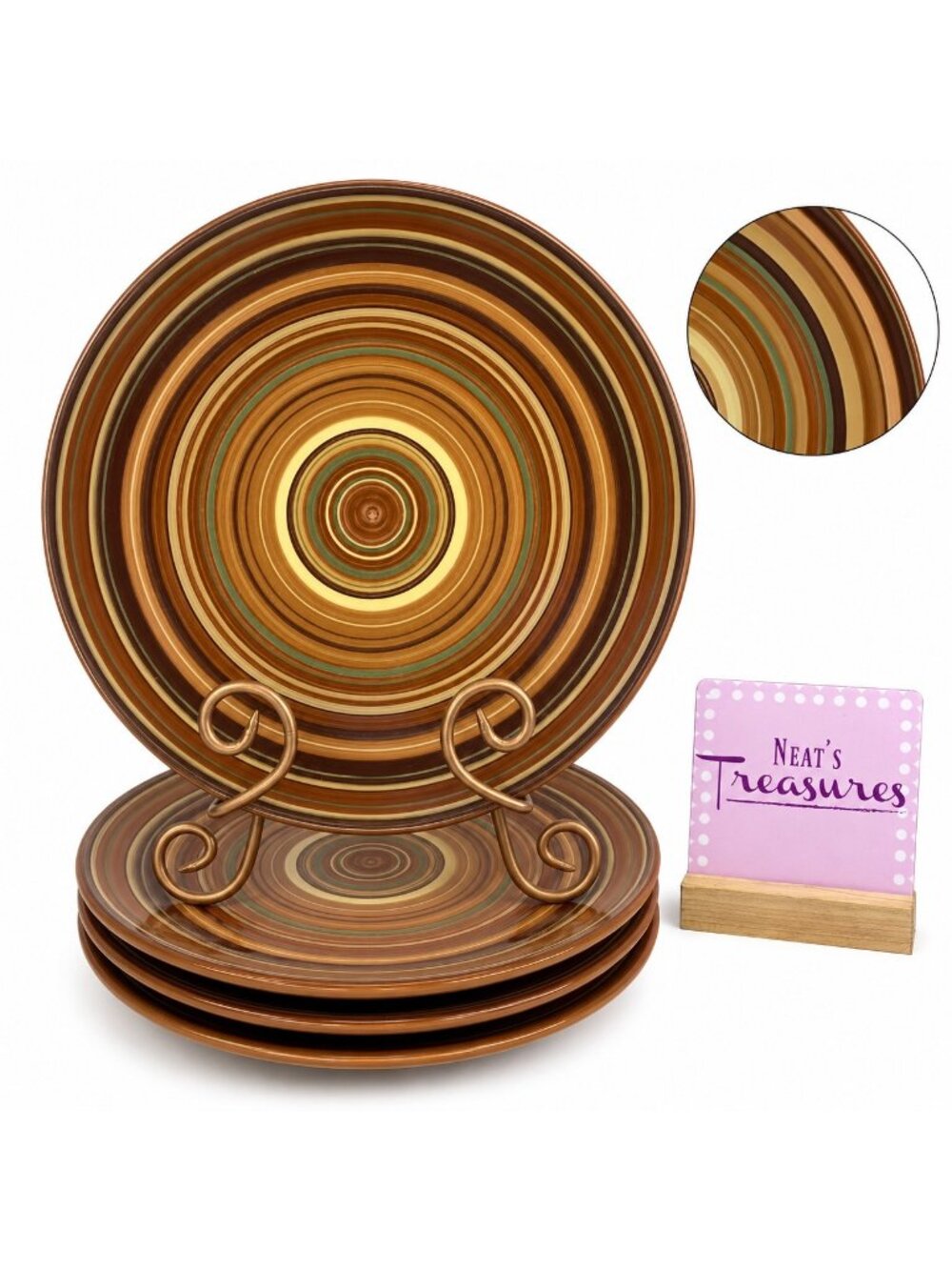 Raymond Waites Certified Intl RONDO Brown Rust Yellow Rings Dinner Plate Set 4